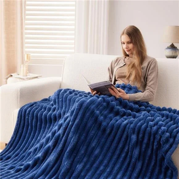 Super Soft Throw Blanket Navy Premium Silky Flannel Fleece 3D Ribbed 50"x60" - Picture 3 of 6